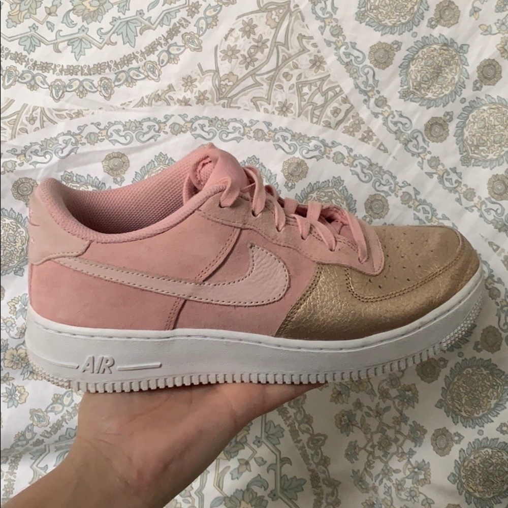 Nike Air Force ones, pink Suede & gold toe detail